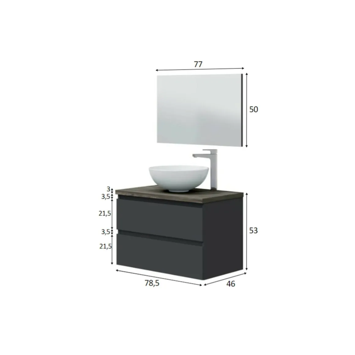 Mobile Sottolavabo Nero Antracite Marrone Noce Specchio Incluso 2 Cassetti 78.5x46x53h cm, Ante - Alakdan