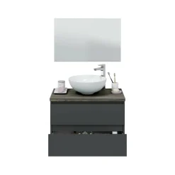 Mobile Sottolavabo Nero Antracite Marrone Noce Specchio Incluso 2 Cassetti 78.5x46x53h cm, Ante - Alakdan