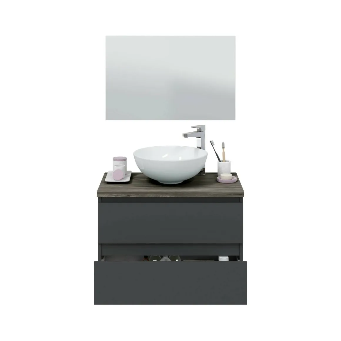 Mobile Sottolavabo Nero Antracite Marrone Noce Specchio Incluso 2 Cassetti 78.5x46x53h cm, Ante - Alakdan