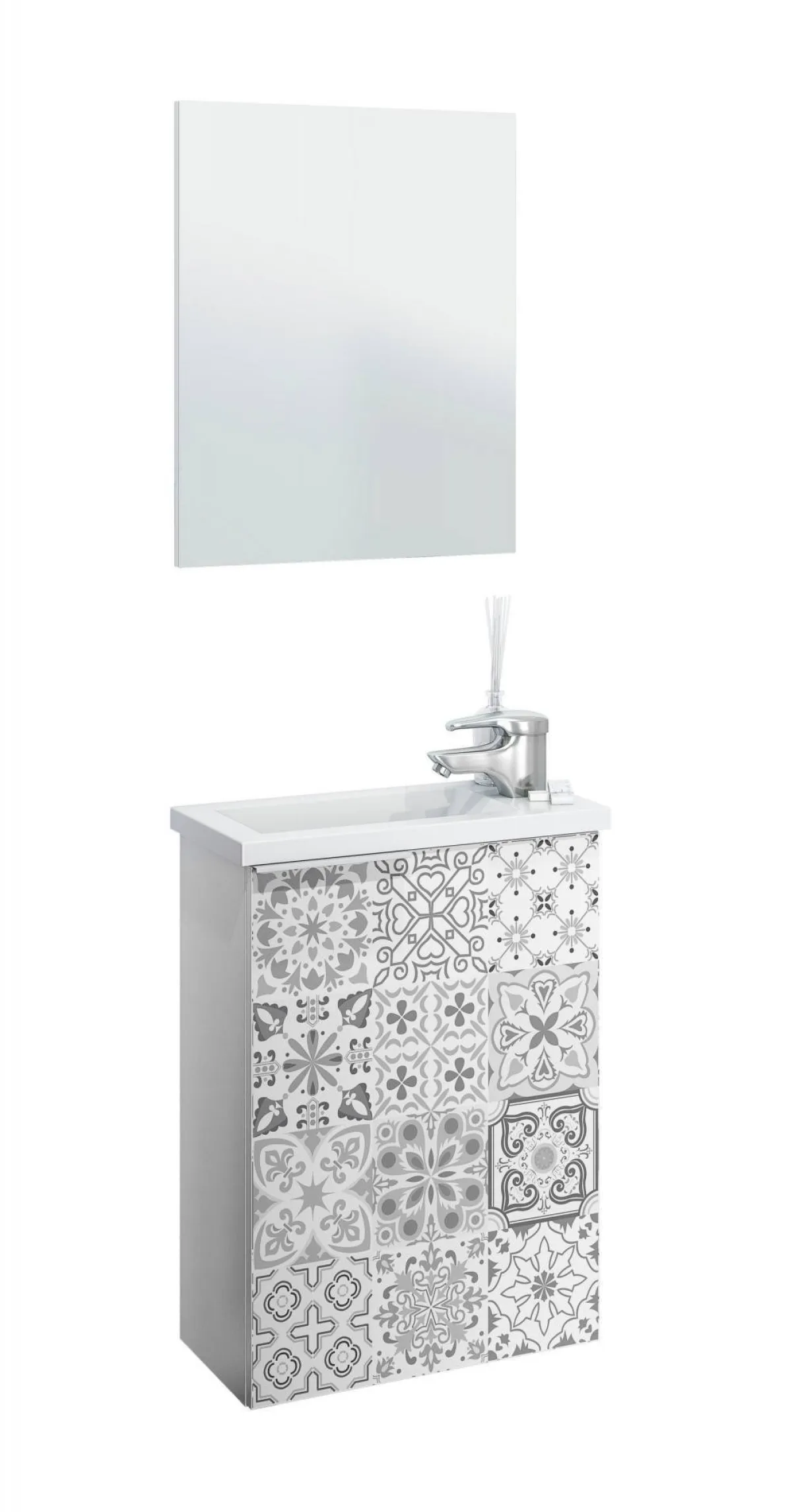 Bagno|Mobili Sottolavabo > Dmora Mobile sottolavabo sospeso con specchio 40x58x22h cm bianco lucido e cemento - Akamaru Grigio Cemento, Bianco Lucido