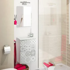 Bagno|Mobili Sottolavabo > Dmora Mobile sottolavabo sospeso con specchio 40x58x22h cm bianco lucido e cemento - Akamaru Grigio Cemento, Bianco Lucido