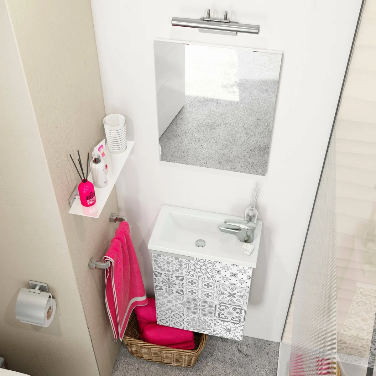 Bagno|Mobili Sottolavabo > Dmora Mobile sottolavabo sospeso con specchio 40x58x22h cm bianco lucido e cemento - Akamaru Grigio Cemento, Bianco Lucido