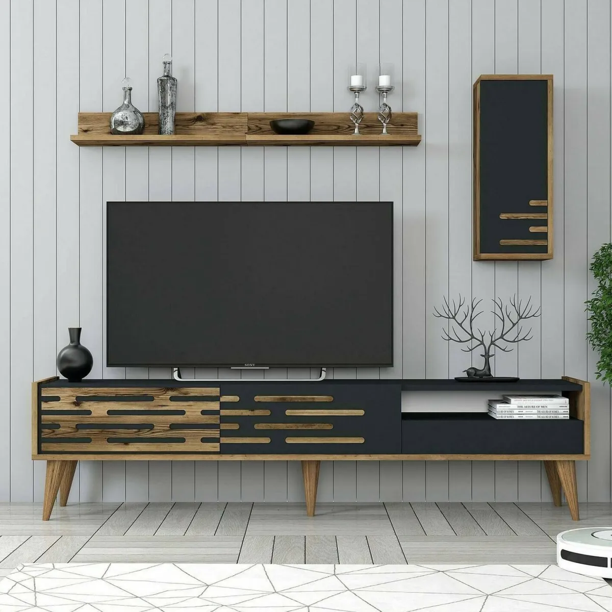 Mobili Porta Tv|Salotto > Dmora Mobile TV antracite e noce 180x45x35h cm 3 ante - Upana Marrone Noce, Nero Antracite