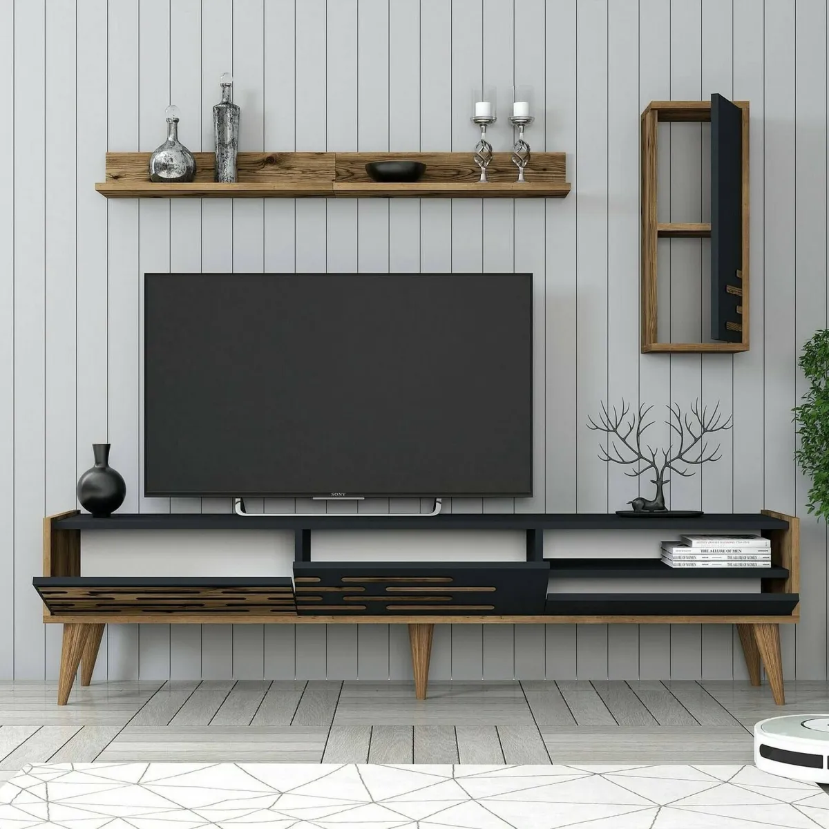 Mobili Porta Tv|Salotto > Dmora Mobile TV antracite e noce 180x45x35h cm 3 ante - Upana Marrone Noce, Nero Antracite