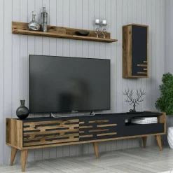 Mobili Porta Tv|Salotto > Dmora Mobile TV antracite e noce 180x45x35h cm 3 ante - Upana Marrone Noce, Nero Antracite