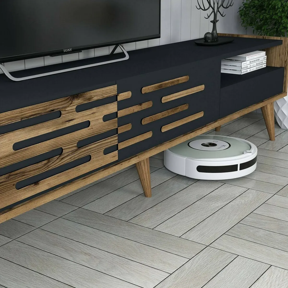 Mobili Porta Tv|Salotto > Dmora Mobile TV antracite e noce 180x45x35h cm 3 ante - Upana Marrone Noce, Nero Antracite