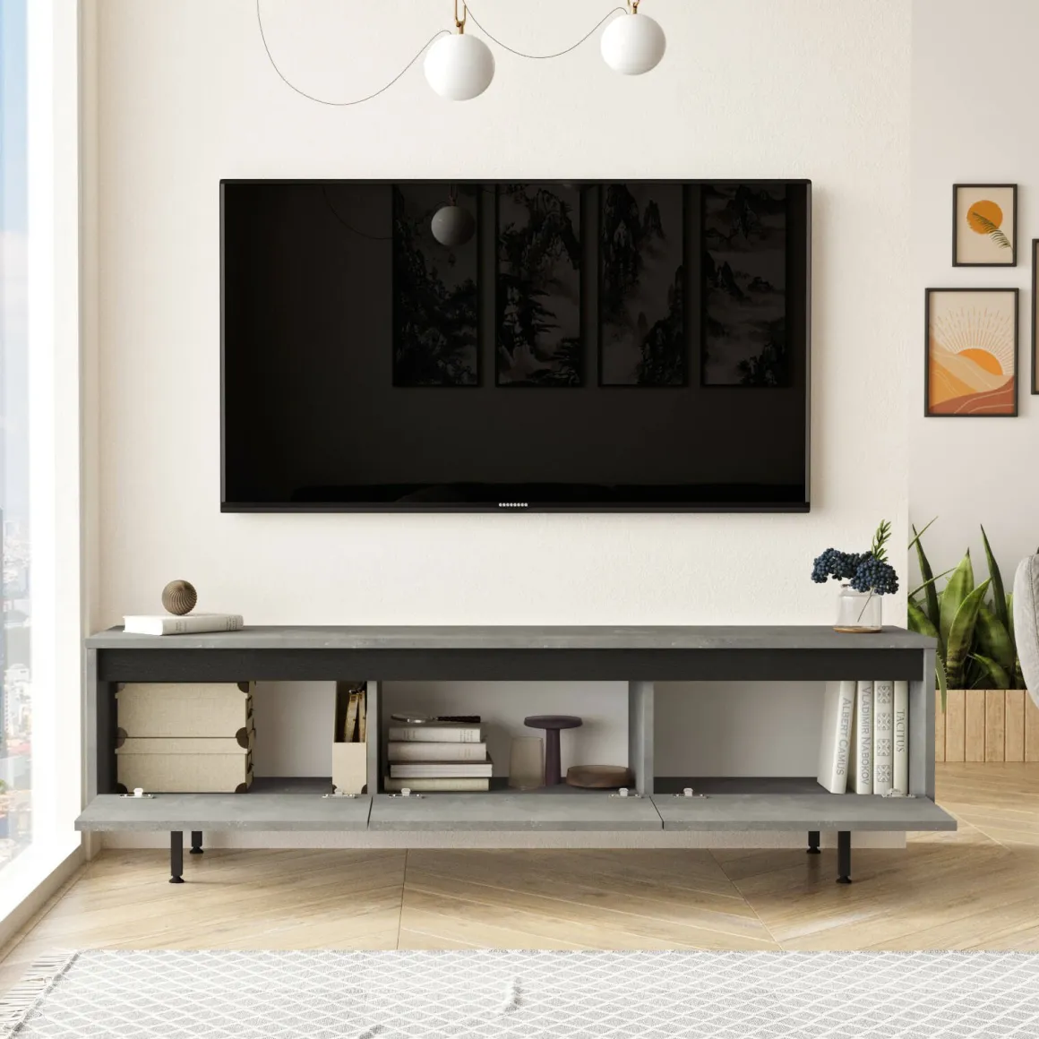 Mobile TV argento e nero 160x35x45h cm 3 ante - Titli