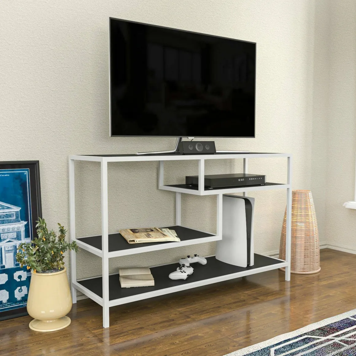 Mobile TV bianco e antracite 120x39x75h cm in legno - Ivette