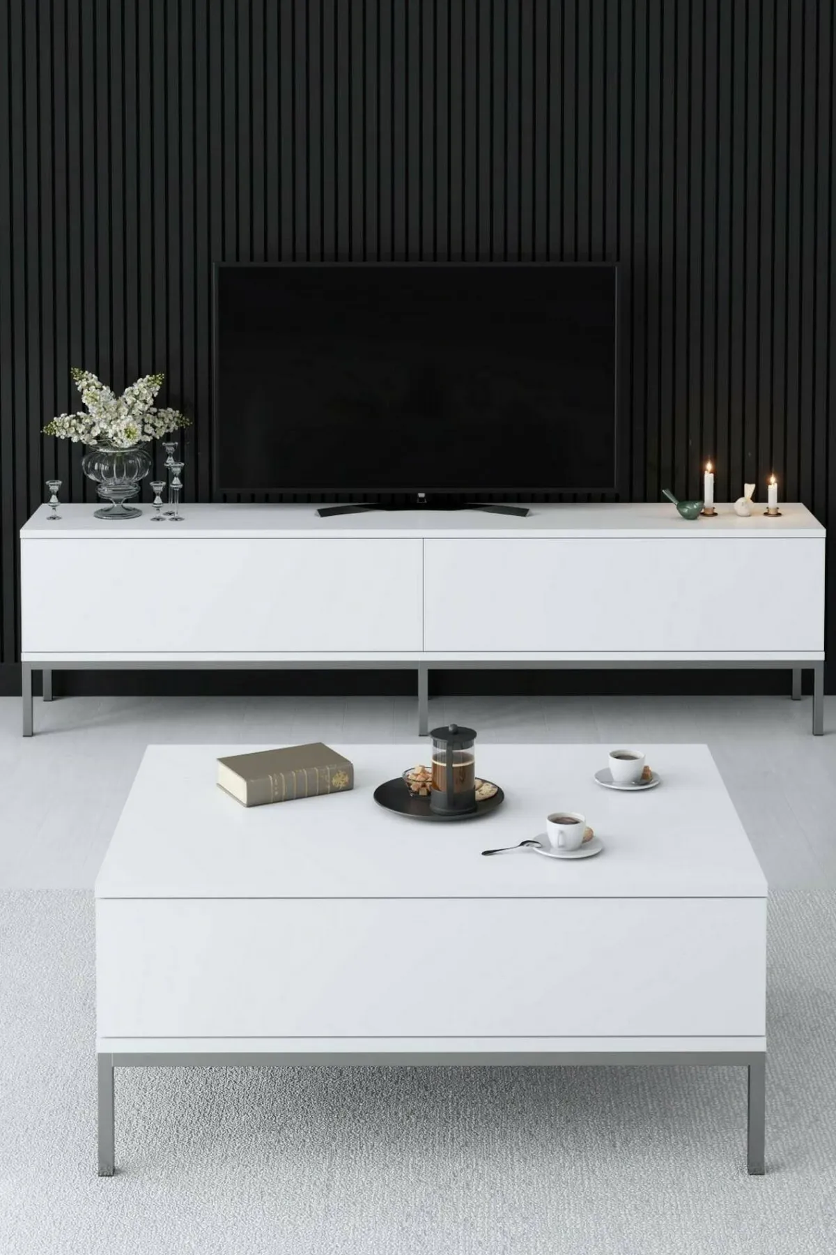 Mobili Porta Tv|Salotto > Dmora Mobile TV bianco e argento 180x30x47h cm modulabile - Espero Argento, Bianco