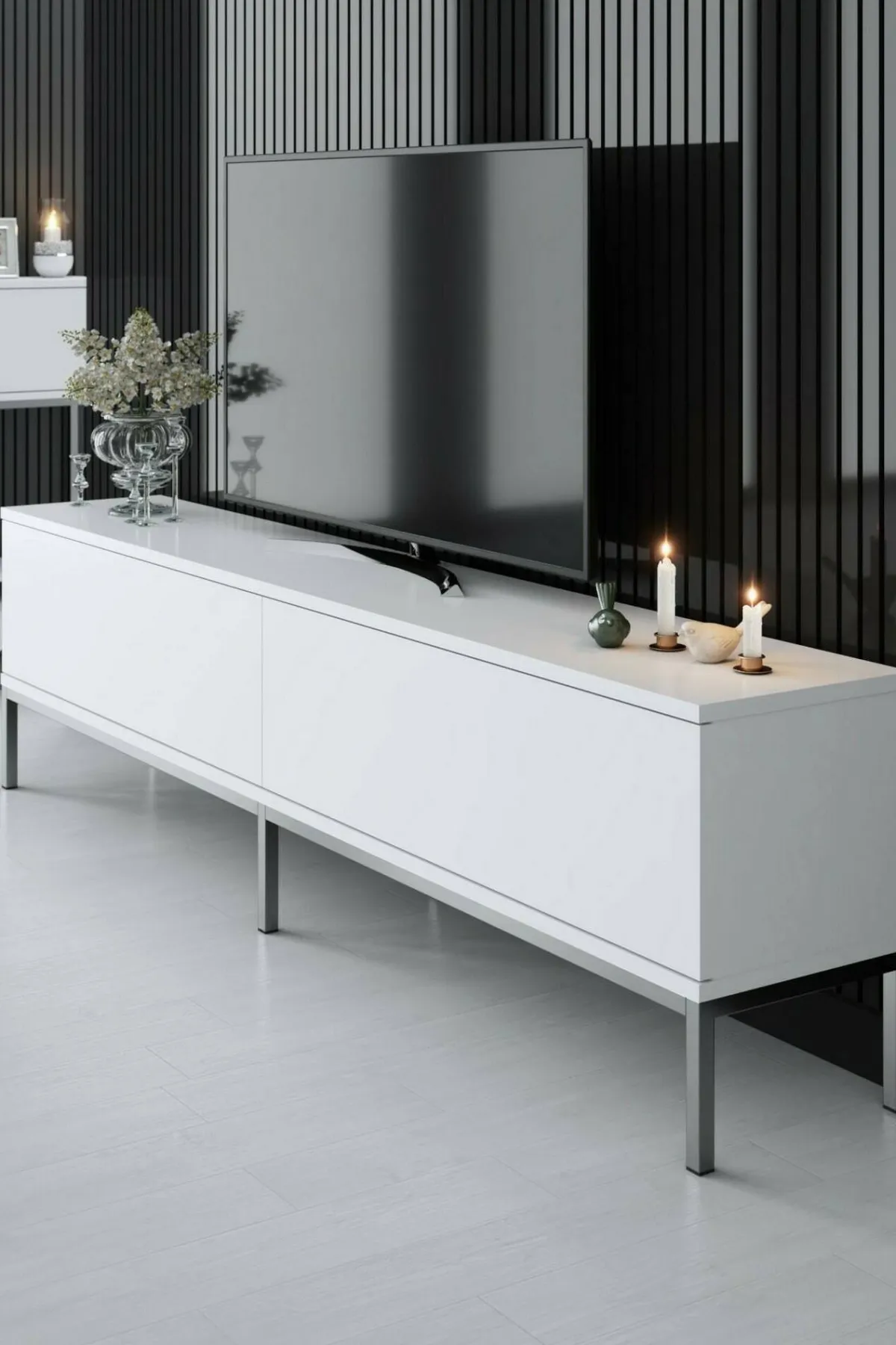 Mobili Porta Tv|Salotto > Dmora Mobile TV bianco e argento 180x30x47h cm modulabile - Espero Argento, Bianco