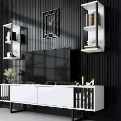 Mobili Porta Tv|Salotto > Dmora Mobile TV bianco e nero 180x30x48h cm modulabile - Iva Nero, Bianco