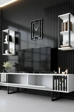 Mobili Porta Tv|Salotto > Dmora Mobile TV bianco e nero 180x30x48h cm modulabile - Iva Nero, Bianco