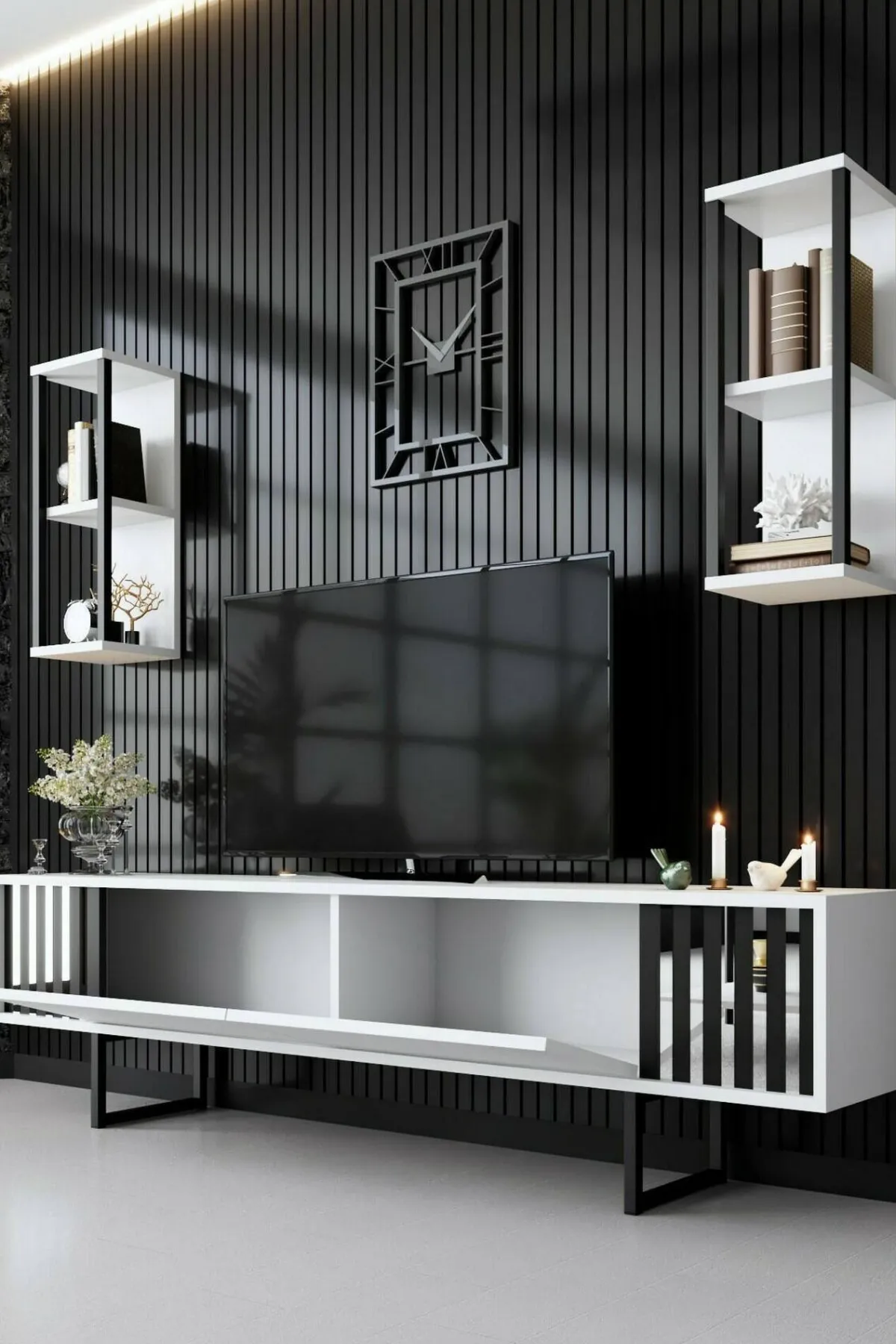 Mobili Porta Tv|Salotto > Dmora Mobile TV bianco e nero 180x30x48h cm modulabile - Iva Nero, Bianco