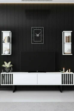 Mobili Porta Tv|Salotto > Dmora Mobile TV bianco e nero 180x30x48h cm modulabile - Iva Nero, Bianco