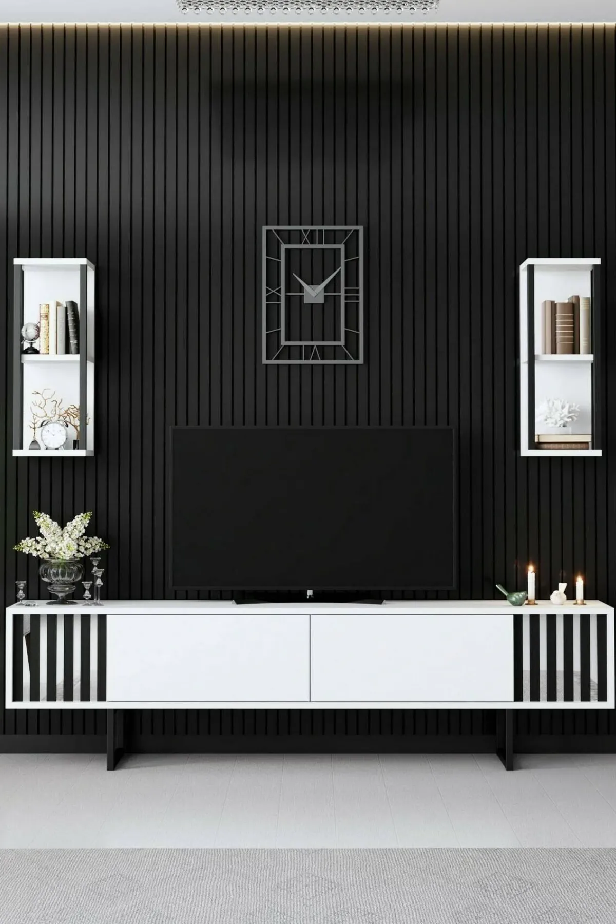 Mobili Porta Tv|Salotto > Dmora Mobile TV bianco e nero 180x30x48h cm modulabile - Iva Nero, Bianco