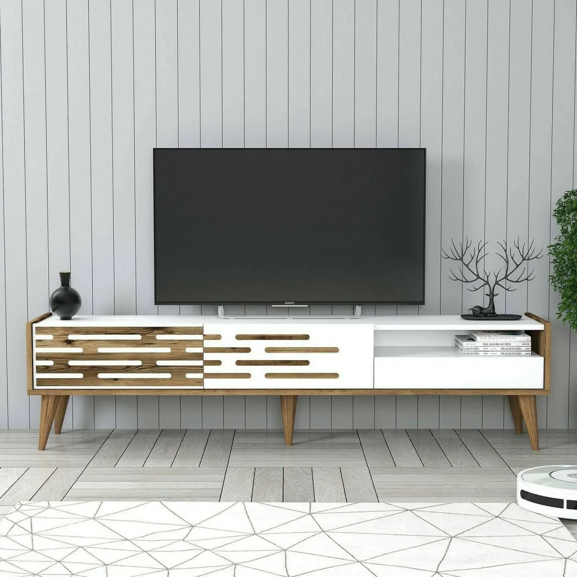 Mobile TV bianco e noce 180x45x35h cm 3 ante - Upana
