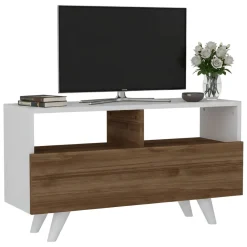 Mobili Porta Tv > Dmora Mobile TV bianco e noce 90x29x50h cm in legno - Mun Marrone, Bianco Noce