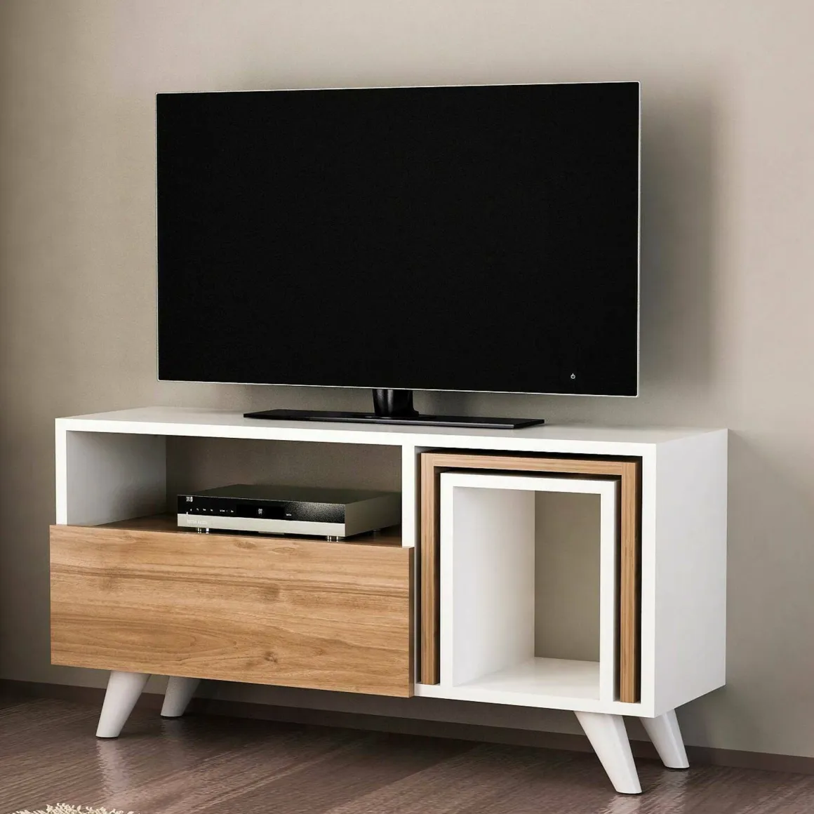 Mobile TV bianco e noce 90x29x51h cm in legno - Barrali