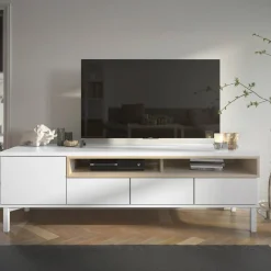 Mobili Porta Tv > Dmora Mobile TV bianco e quercia 155x48x48h cm in legno - Rosata Marrone, Bianco Quercia