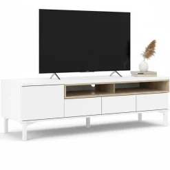 Mobili Porta Tv > Dmora Mobile TV bianco e quercia 155x48x48h cm in legno - Rosata Marrone, Bianco Quercia