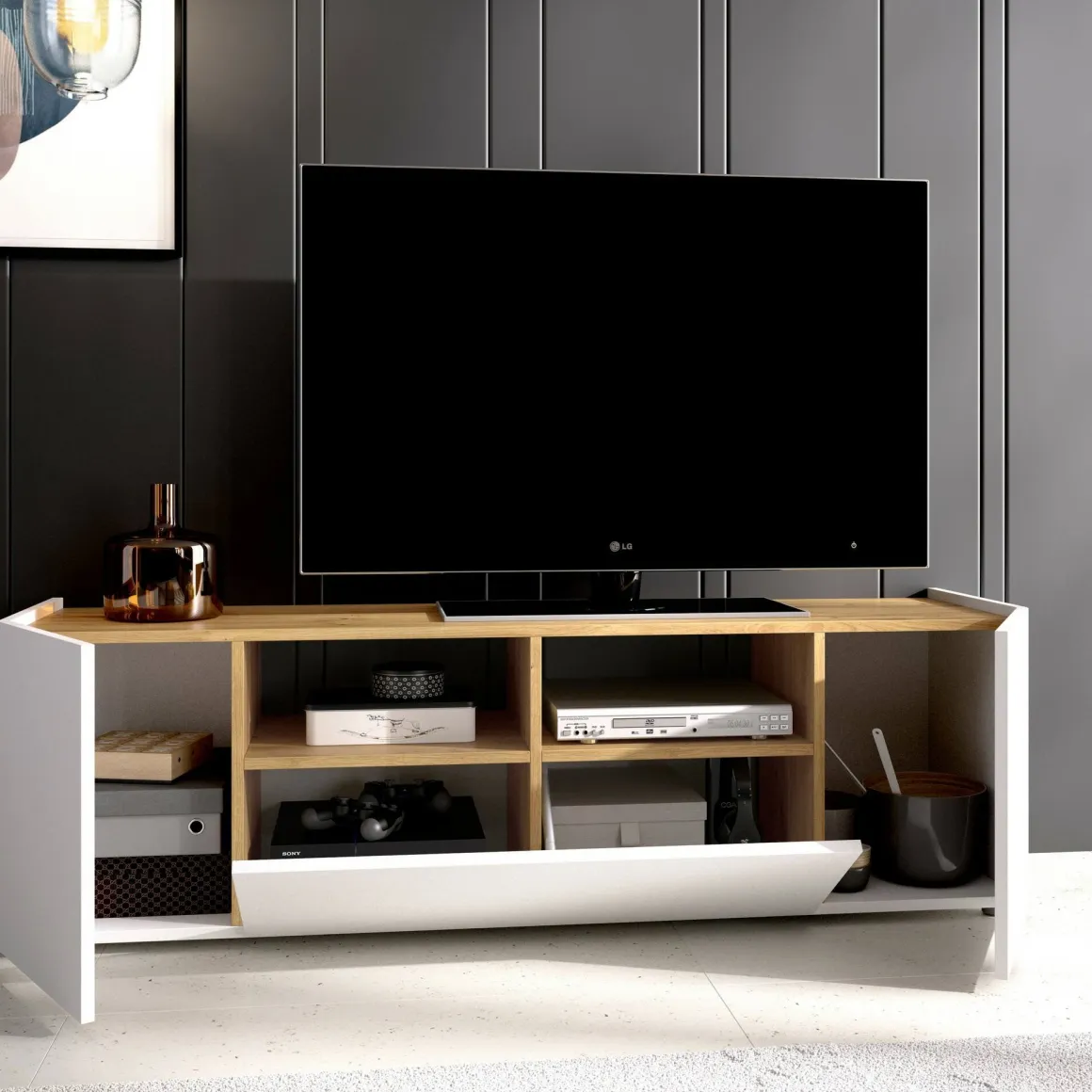 Mobile TV bianco e rovere nodi 141x34x43h cm 3 ante - Vulcano