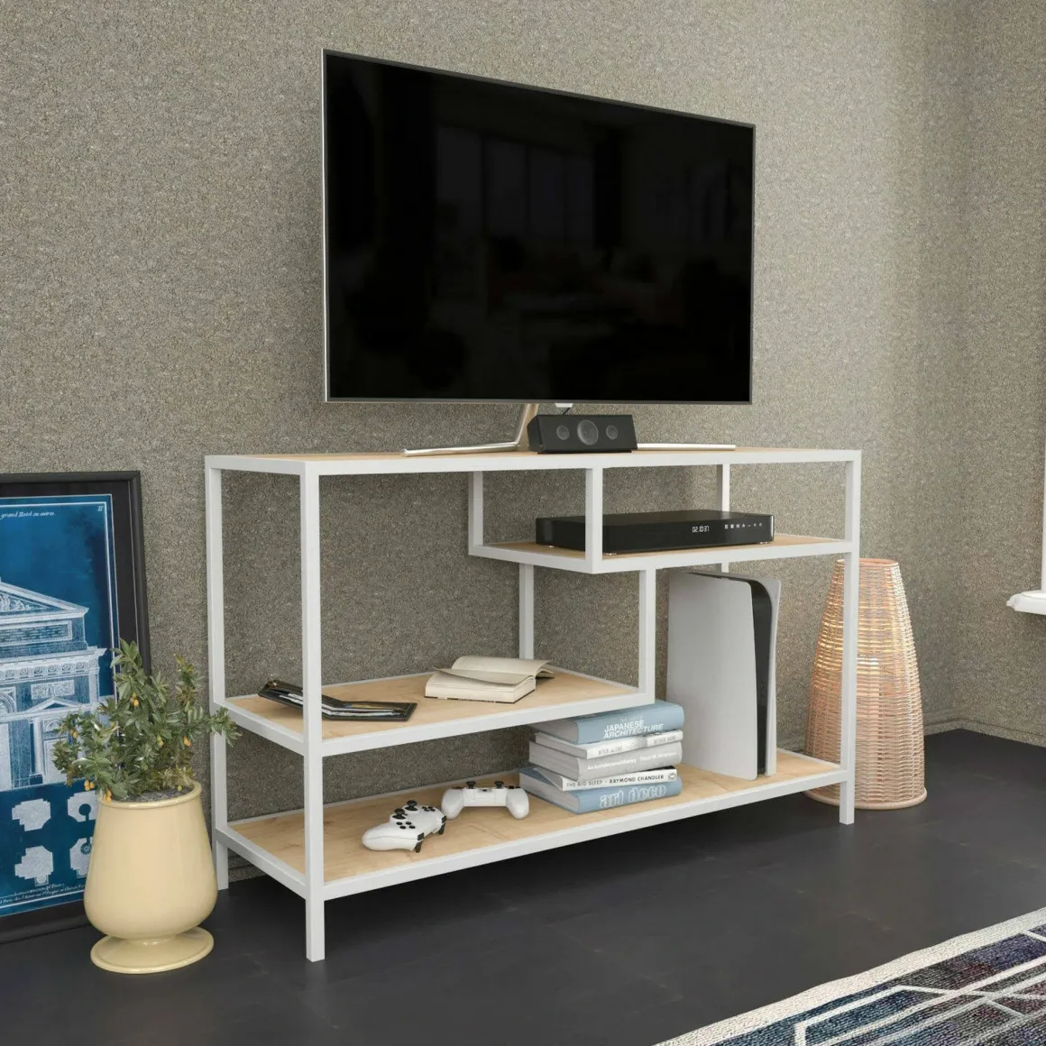 Mobili Porta Tv|Salotto > Dmora Mobile TV bianco e rovere 130x40x36h cm 2 ante - Ahuri Marrone, Bianco Rovere