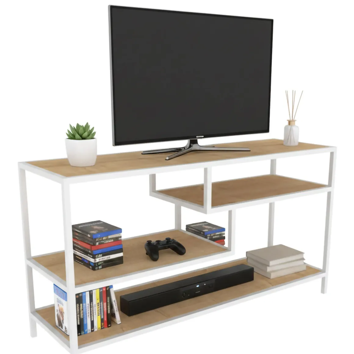 Mobili Porta Tv|Salotto > Dmora Mobile TV bianco e rovere 130x40x36h cm 2 ante - Ahuri Marrone, Bianco Rovere