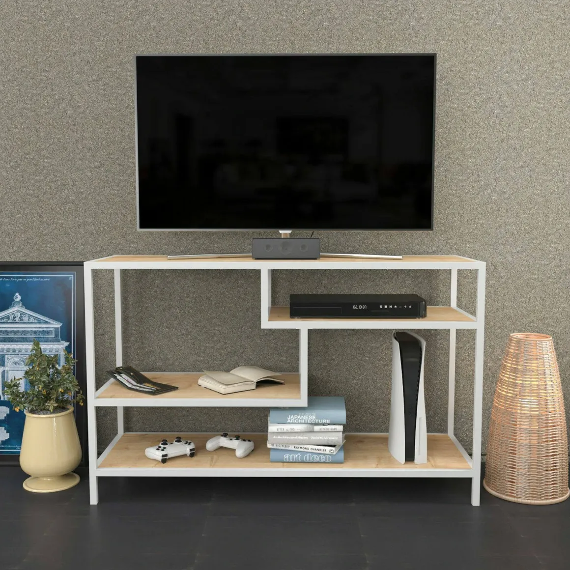 Mobili Porta Tv|Salotto > Dmora Mobile TV bianco e rovere 130x40x36h cm 2 ante - Ahuri Marrone, Bianco Rovere