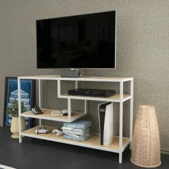 Mobili Porta Tv|Salotto > Dmora Mobile TV bianco e rovere 130x40x36h cm 2 ante - Ahuri Marrone, Bianco Rovere
