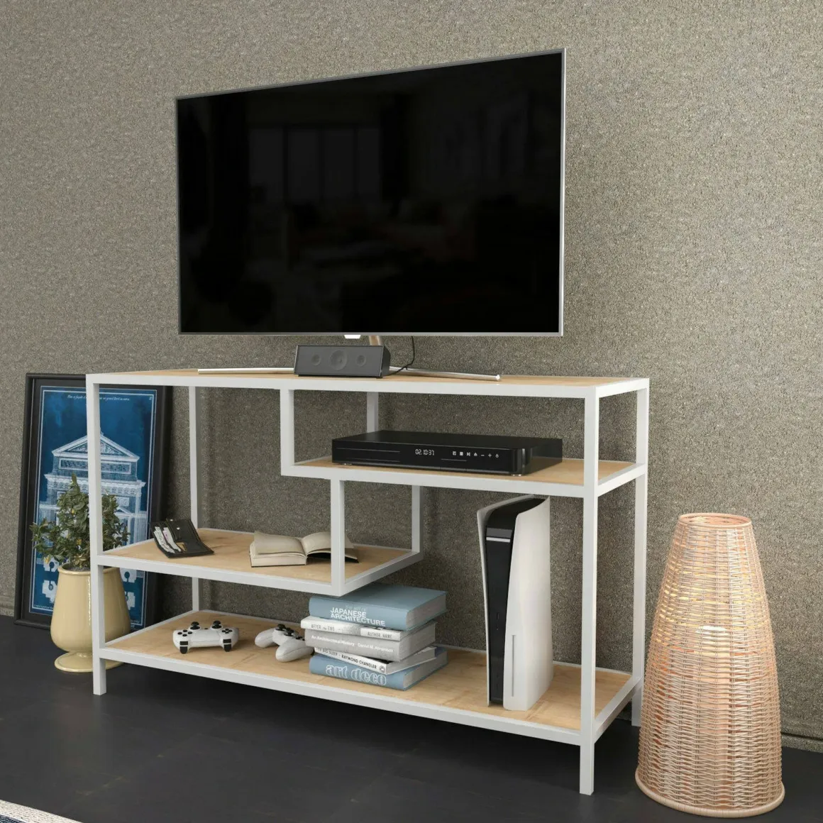 Mobili Porta Tv|Salotto > Dmora Mobile TV bianco e rovere 130x40x36h cm 2 ante - Ahuri Marrone, Bianco Rovere