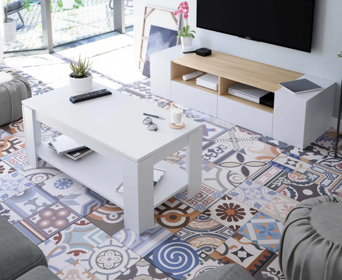 Mobili Porta Tv|Salotto > Dmora Mobile TV bianco e rovere 170x42x48h cm 2 ante e 1 cassetto - Atina Marrone, Bianco Rovere