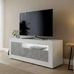 Mobili Porta Tv > Dmora Mobile TV bianco lucido,cemento 138x42x56h cm 3 ante - Iole Grigio Cemento, Bianco Lucido