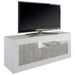 Mobili Porta Tv > Dmora Mobile TV bianco lucido,cemento 138x42x56h cm 3 ante - Iole Grigio Cemento, Bianco Lucido