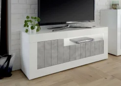 Mobili Porta Tv > Dmora Mobile TV bianco lucido,cemento 138x42x56h cm 3 ante - Iole Grigio Cemento, Bianco Lucido