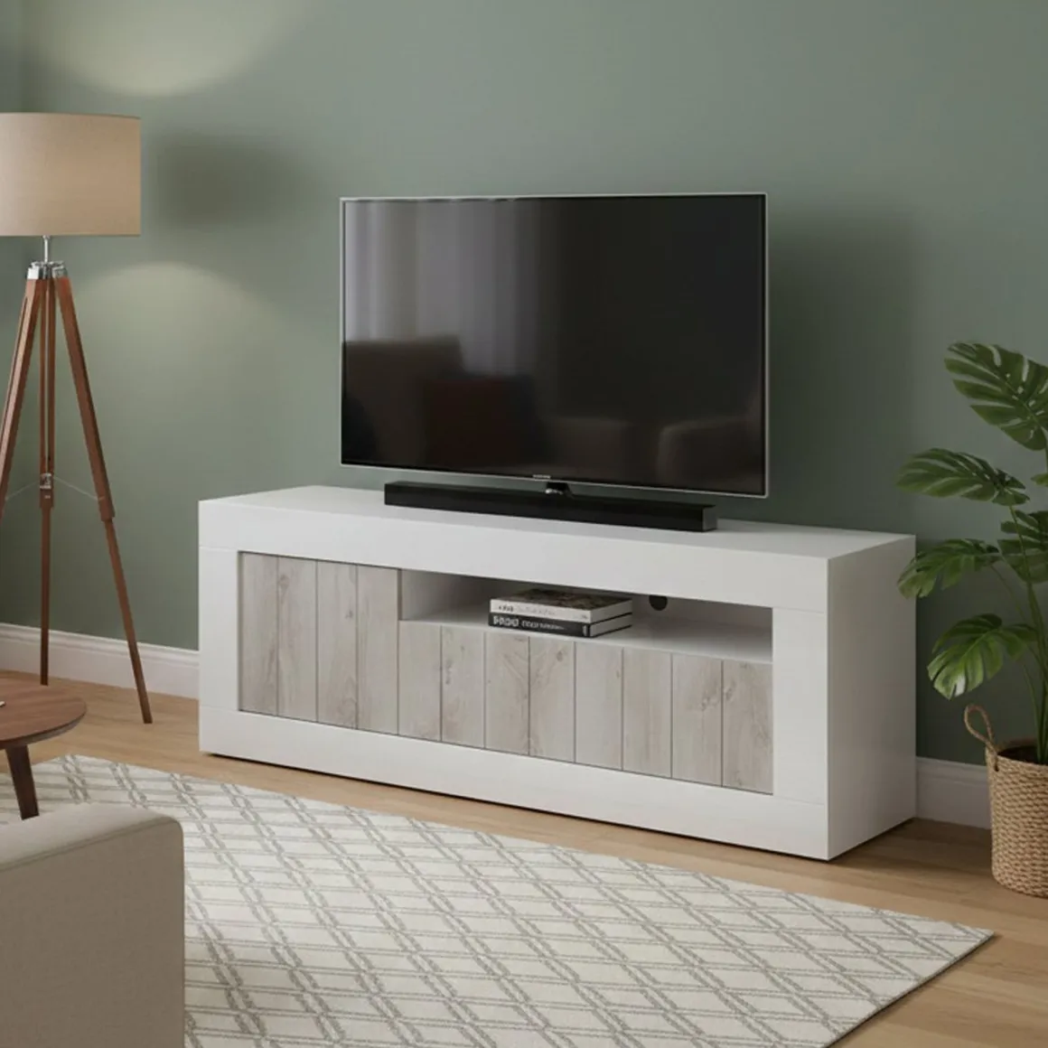 Mobile TV bianco lucido e acacia 138x42x56h cm 3 ante - Iole
