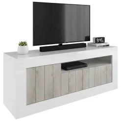 Mobile TV bianco lucido e acacia 138x42x56h cm 3 ante - Iole