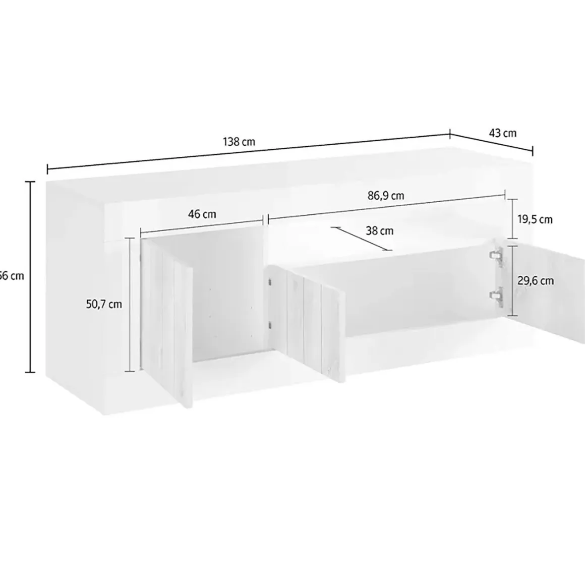 Mobile TV bianco lucido e acacia 138x42x56h cm 3 ante - Iole