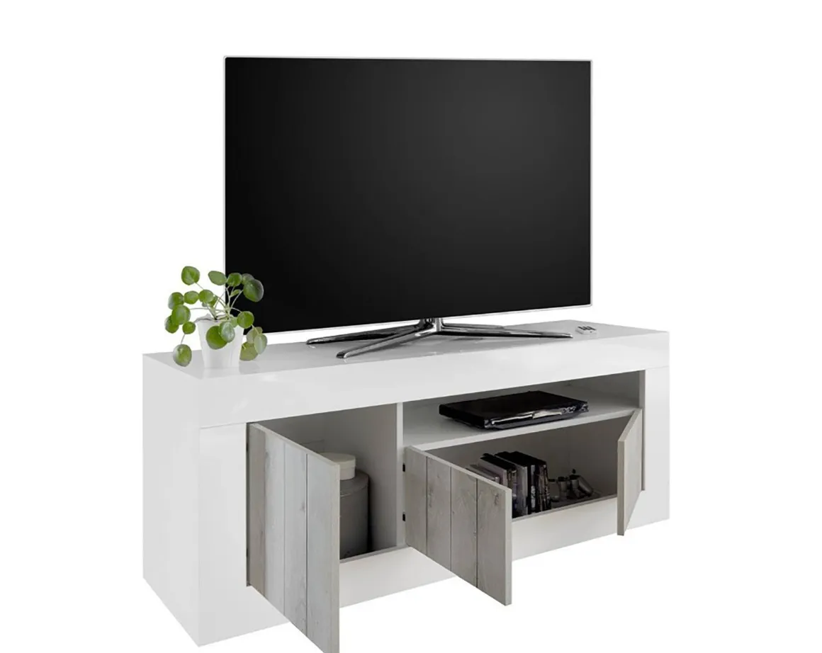 Mobile TV bianco lucido e acacia 138x42x56h cm 3 ante - Iole