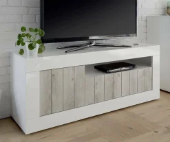 Mobile TV bianco lucido e acacia 138x42x56h cm 3 ante - Iole