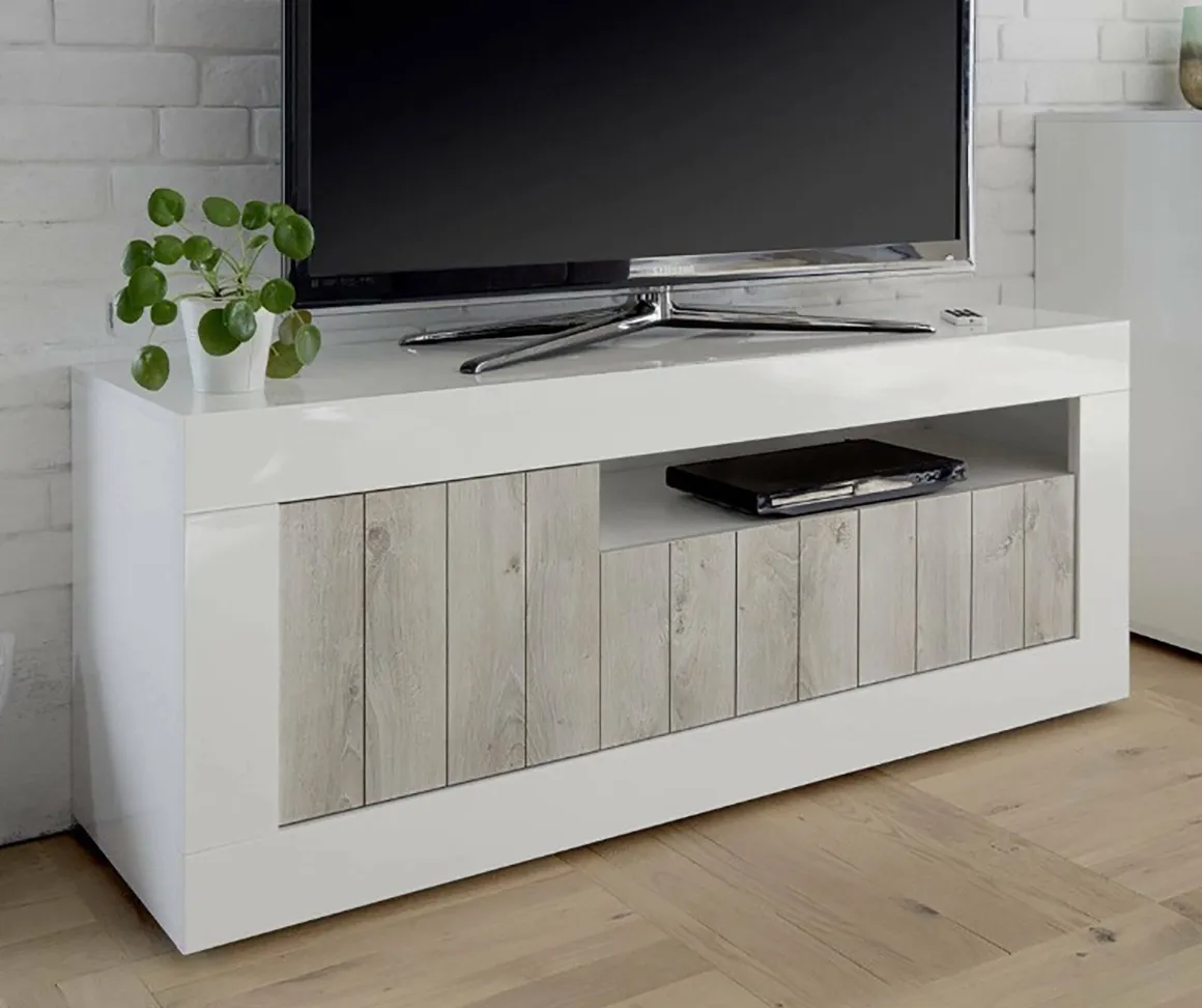 Mobile TV bianco lucido e acacia 138x42x56h cm 3 ante - Iole
