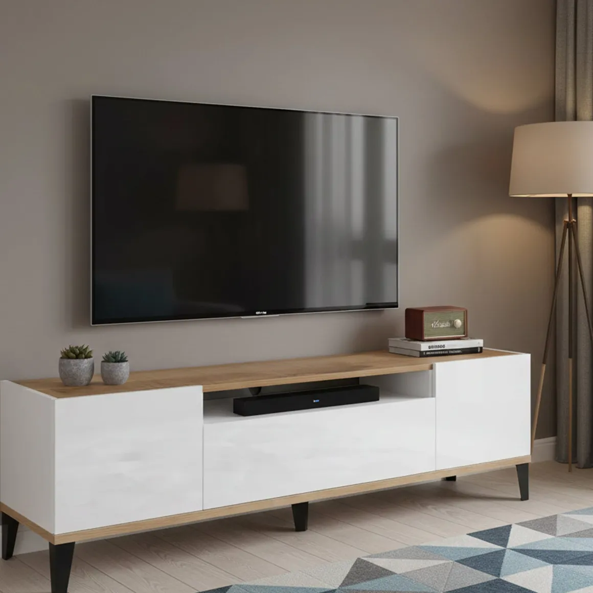 Mobile TV bianco lucido e acero 160x40x47h cm 2 ante e 1 cassetto - Argentoro