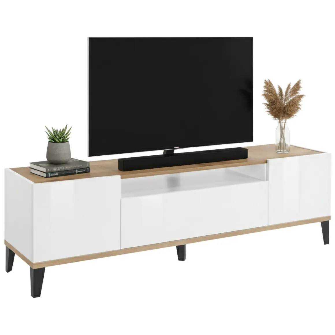 Mobile TV bianco lucido e acero 160x40x47h cm 2 ante e 1 cassetto - Argentoro