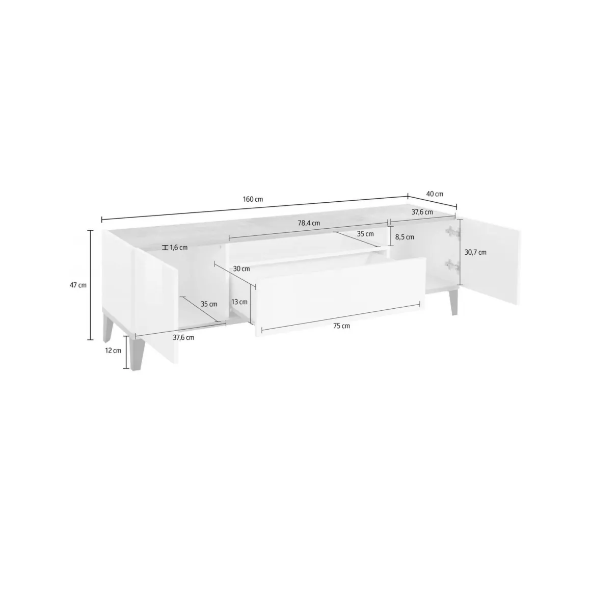 Mobile TV bianco lucido e acero 160x40x47h cm 2 ante e 1 cassetto - Argentoro