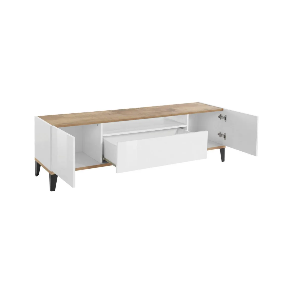 Mobile TV bianco lucido e acero 160x40x47h cm 2 ante e 1 cassetto - Argentoro