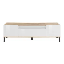 Mobile TV bianco lucido e acero 160x40x47h cm 2 ante e 1 cassetto - Argentoro