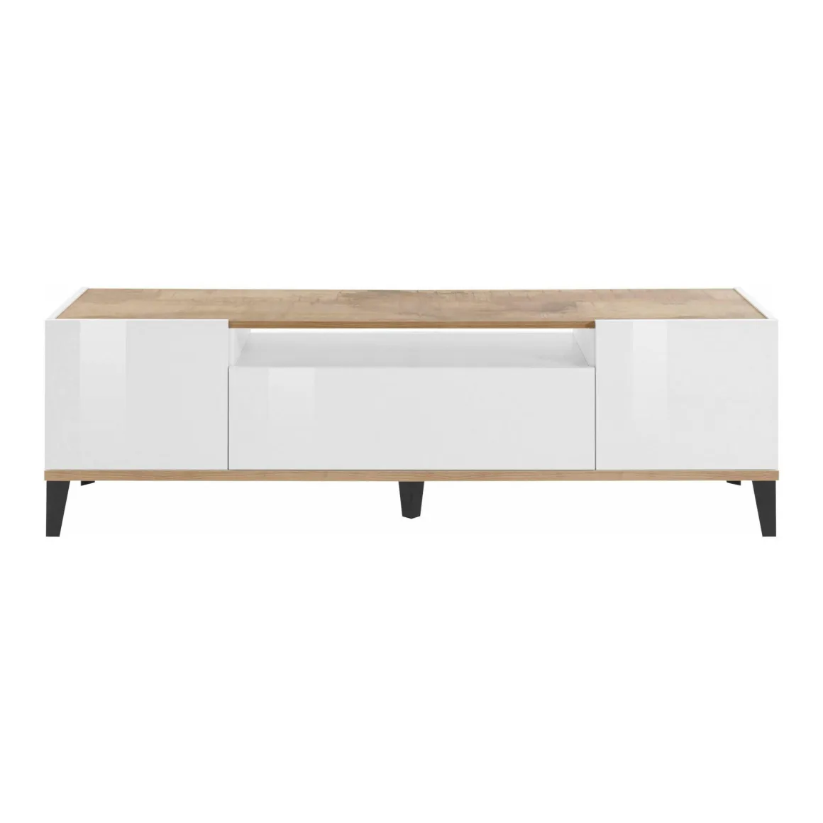 Mobile TV bianco lucido e acero 160x40x47h cm 2 ante e 1 cassetto - Argentoro