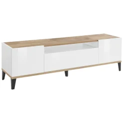 Mobile TV bianco lucido e acero 160x40x47h cm 2 ante e 1 cassetto - Argentoro