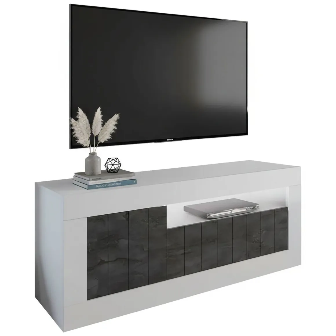 Mobile TV bianco lucido e ardesia 138x42x56h cm 3 ante - Iole