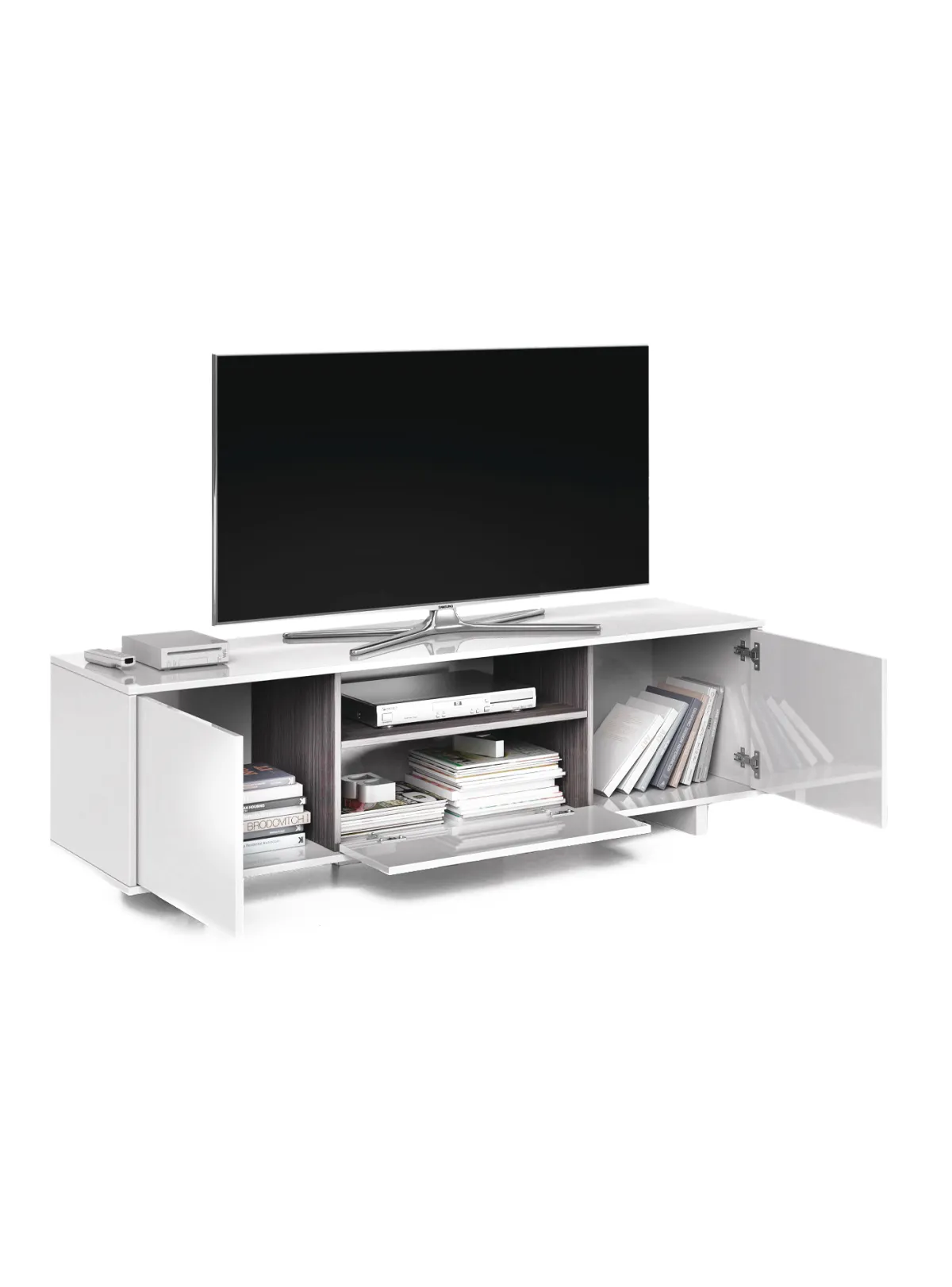 Salotto > Dmora Mobile TV bianco lucido e grigio cenere 150x41x46h cm 3 ante - Andalusia Grigio Cenere, Bianco Lucido