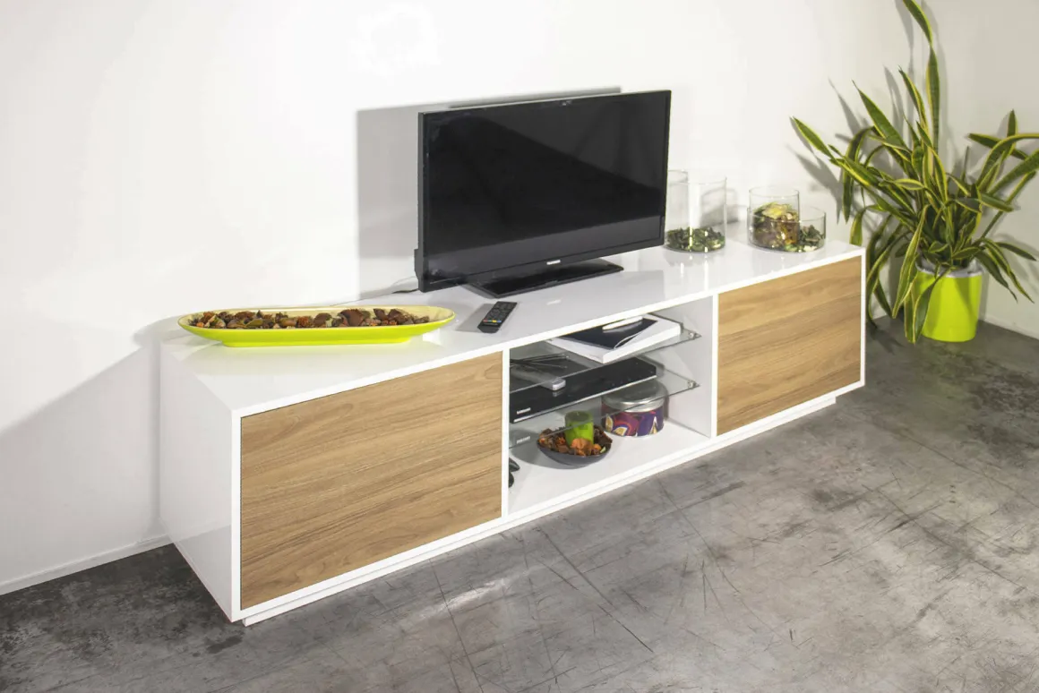 Mobile TV bianco lucido e noce 180x41x46h cm 2 ante - Lola